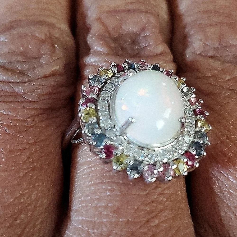 Ethiopian Welo opal, multi Sapphire, & Zircon Halo Cocktail Ring Platinum Plated
